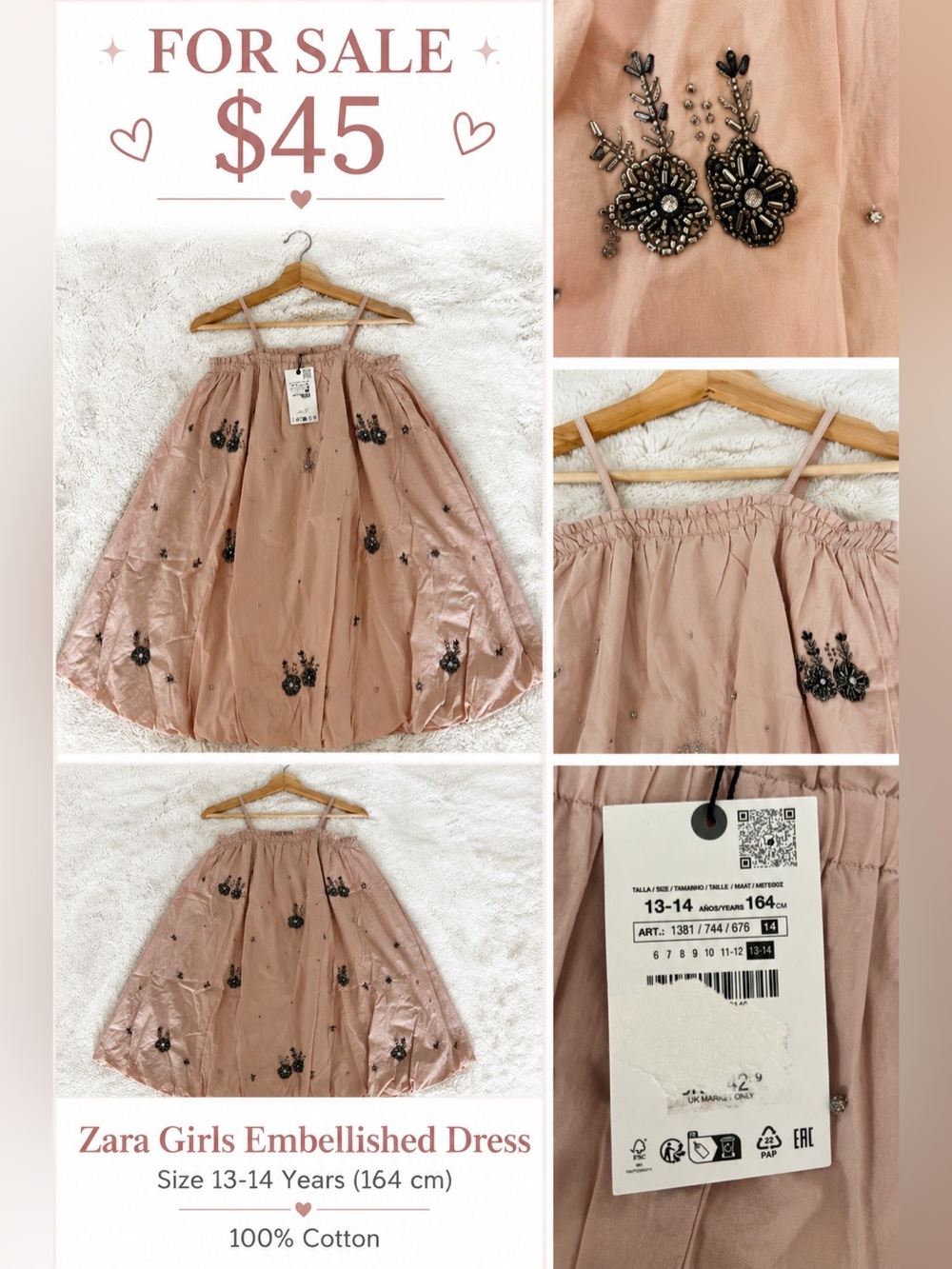 Zara blush pink embellished dress with black bead floral appliqués